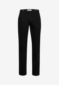 Pantaloni in denim nero con vestibilità dritta, cinque tasche, cuciture resistenti e chiusura con bottone. Texture liscia e dettagli minimali.
