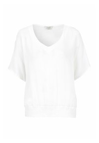 Witte top met korte mouwen, een V-hals en een geplooide zoom. Gemaakt van textiel met een structuur, met een losse, relaxte pasvorm en een zachte val.
