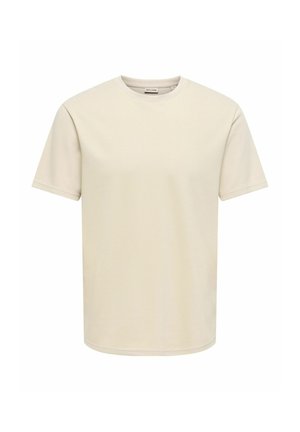Beige T-shirt met korte mouwen en ronde hals, reguliere pasvorm en gladde stof, getoond op een effen witte achtergrond.