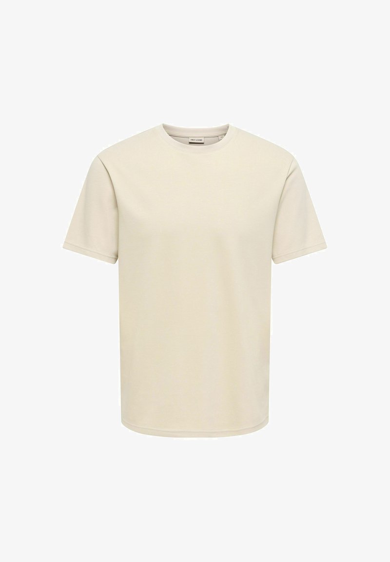 Μπεζ κοντομάνικο T-shirt με στρογγυλή λαιμόκοψη, κανονική εφαρμογή και λεία ύφανση, εμφανίζεται σε απλό λευκό φόντο.