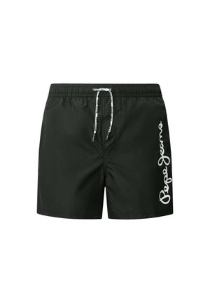 Čierne plavky vyrobené z ľahkého materiálu, s elastickým pásom a šnúrkou, a bielym logom "Pepe Jeans" vytlačeným na boku.
