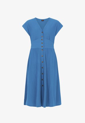 Robe midi bleue à manches courtes, col en V, boutonnée à l'avant, avec détail froncé à la taille.