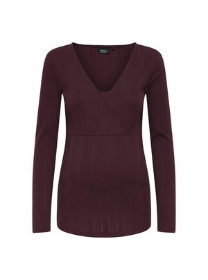 Burgunderfarbiges Langarmshirt mit V-Ausschnitt und gerippter Textur, mit einem Überkreuz-Design und einer taillierten Silhouette.