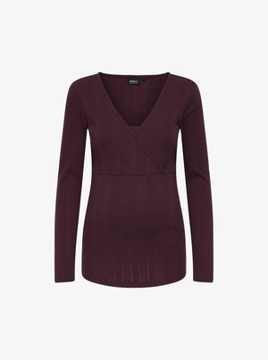 Burgunderfarbiges Langarmshirt mit V-Ausschnitt und gerippter Textur, mit einem Überkreuz-Design und einer taillierten Silhouette.