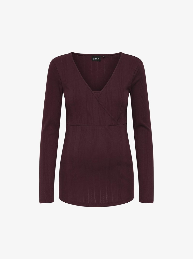 Burgunderfarbiges Langarmshirt mit V-Ausschnitt und gerippter Textur, mit einem Überkreuz-Design und einer taillierten Silhouette.