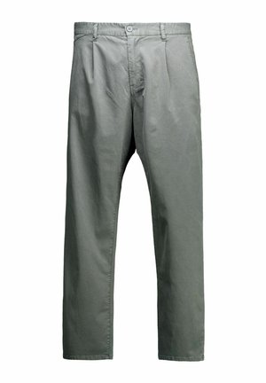 Grijze recht-uitlopende broek met knoop- en ritssluiting, broeklussen en voorplooien, afgebeeld op een witte achtergrond.