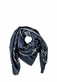 Navyblauwe sjaal in vierkante vorm, met ingewikkelde witte en blauwe patronen, franjes aan de randen en een zachte, gestructureerde stof.