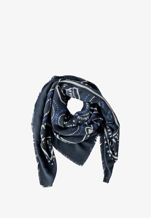 Dunkelblaues quadratisches Tuch mit aufwendigen weißen und blauen Mustern, fransigen Kanten und weich-texturiertem Stoff.