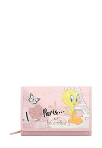 Portafoglio in similpelle rosa con un design in rilievo di Titti, Torre Eiffel, farfalla e la scritta "I love Paris" con accenti scintillanti.