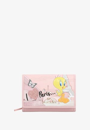 Portafoglio in similpelle rosa con un design in rilievo di Titti, Torre Eiffel, farfalla e la scritta "I love Paris" con accenti scintillanti.