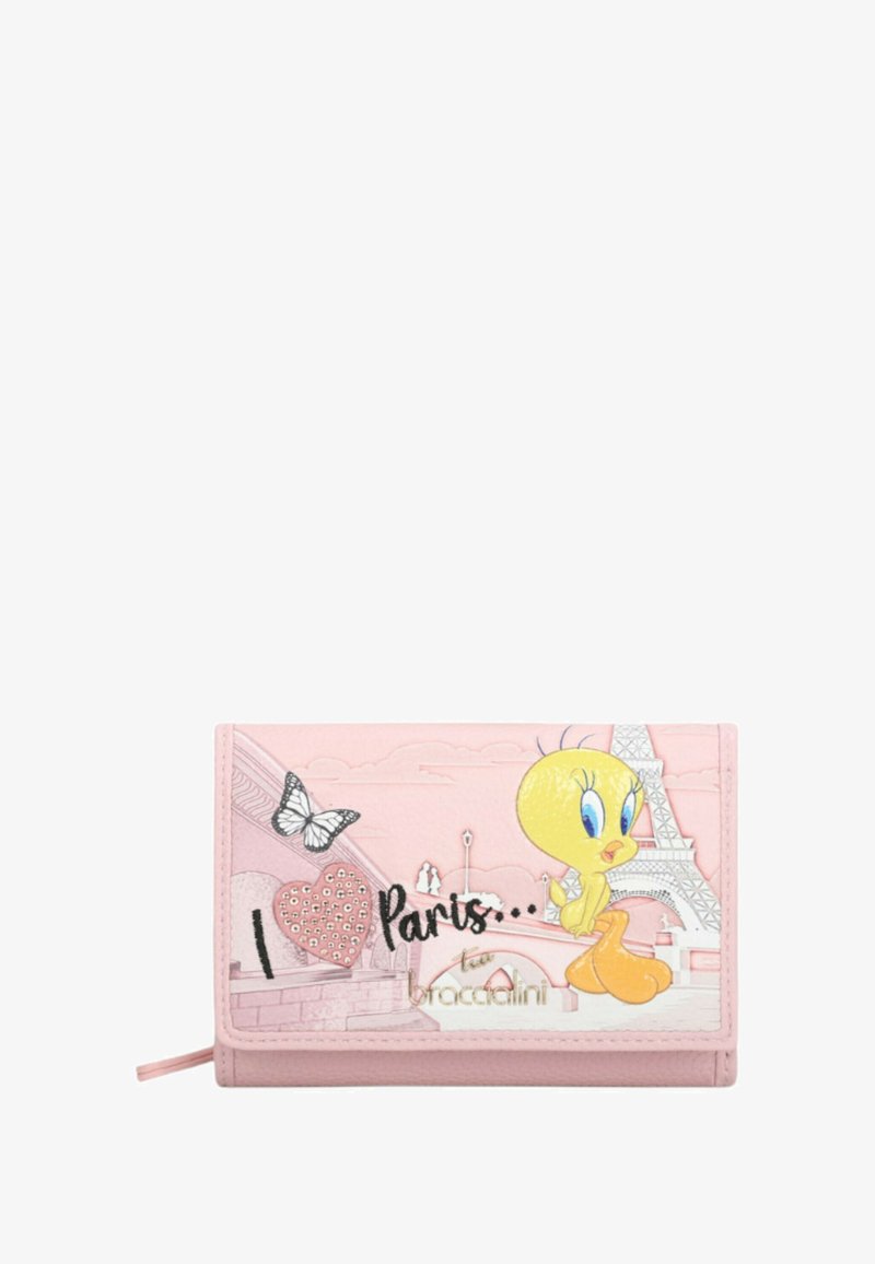 Portafoglio in similpelle rosa con un design in rilievo di Titti, Torre Eiffel, farfalla e la scritta "I love Paris" con accenti scintillanti.