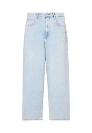 Lichtblauwe denim wijde broek met een hoge taille, vijf zakken en een knoopsluiting. Soepele textuur met een vervaagde wasfinish.
