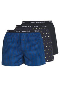 Das Boxershorts-Set enthält drei Paare: blau kariert, navy mit gelben Punkten und einfarbig schwarz, mit einem elastischen Bund mit Logo.