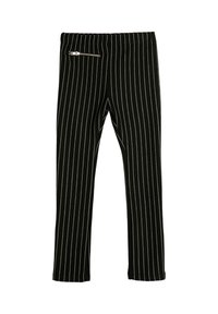 Leggings negros con rayas verticales blancas, que cuentan con un bolsillo con cremallera en la parte frontal. Están fabricados con una tela suave y elástica.