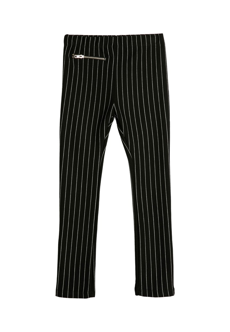Leggings negros con rayas verticales blancas, que cuentan con un bolsillo con cremallera en la parte frontal. Están fabricados con una tela suave y elástica.