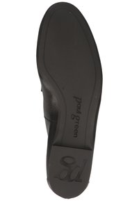 Schwarze Schuhsohle mit strukturiertem Gummibelag. Mit dem Logo "Paul Green" und dem Markensymbol. Flaches Design mit leichter Krümmung.