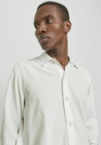 Witte lange mouwen shirt met een textuur bloemenpatroon, knoopsluiting en puntige kraag. Gladde stof en relaxte fit.