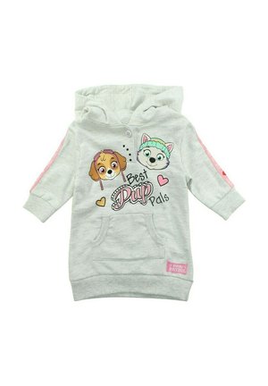Felpa grigia chiara con tasca frontale, caratterizzata da cani da cartone animato, testo "Best Pup Pals" e accenti rosa sulle maniche. Materiale in cotone.