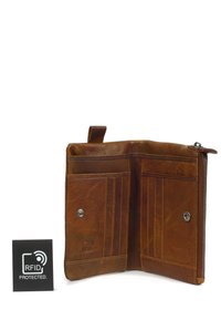 Portafoglio in pelle marrone con diversi slot per carte, sezione con zip e chiusura a scatto. Presenta un'etichetta "RFID protetto" nera.