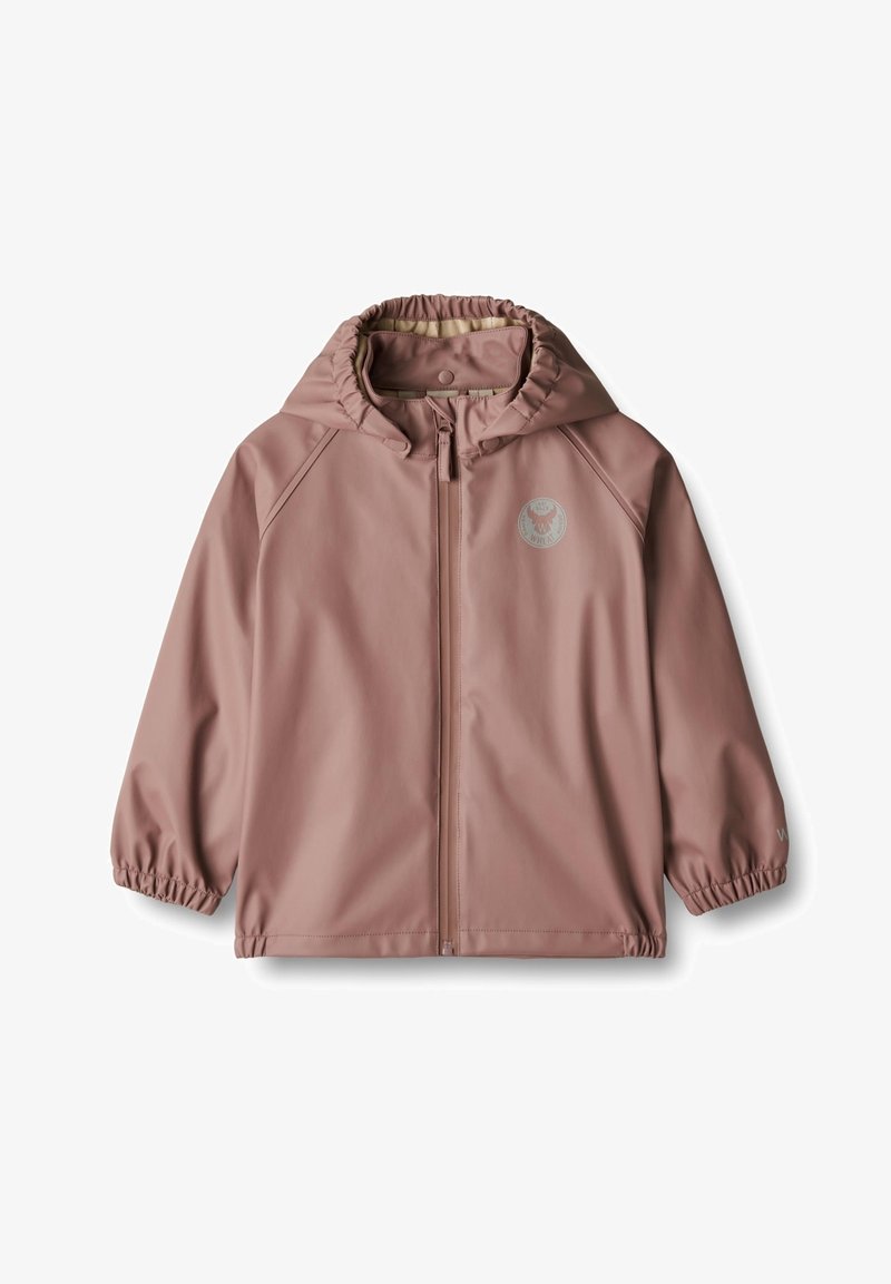 Giacca impermeabile con cappuccio rosa polvere per bambino, con zip frontale, polsini elasticizzati e piccolo logo rotondo sul petto.