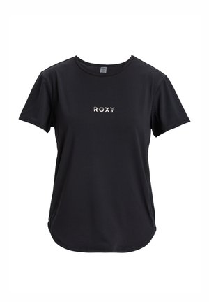 Mustassa lyhythihaisessa T-paidassa on sileä kangas, pyöreä kaula-aukko ja etupuolella valkoinen "ROXY"-logo. Klassinen malli, jossa on kaareva helma.