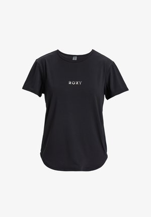 Mustassa lyhythihaisessa T-paidassa on sileä kangas, pyöreä kaula-aukko ja etupuolella valkoinen "ROXY"-logo. Klassinen malli, jossa on kaareva helma.