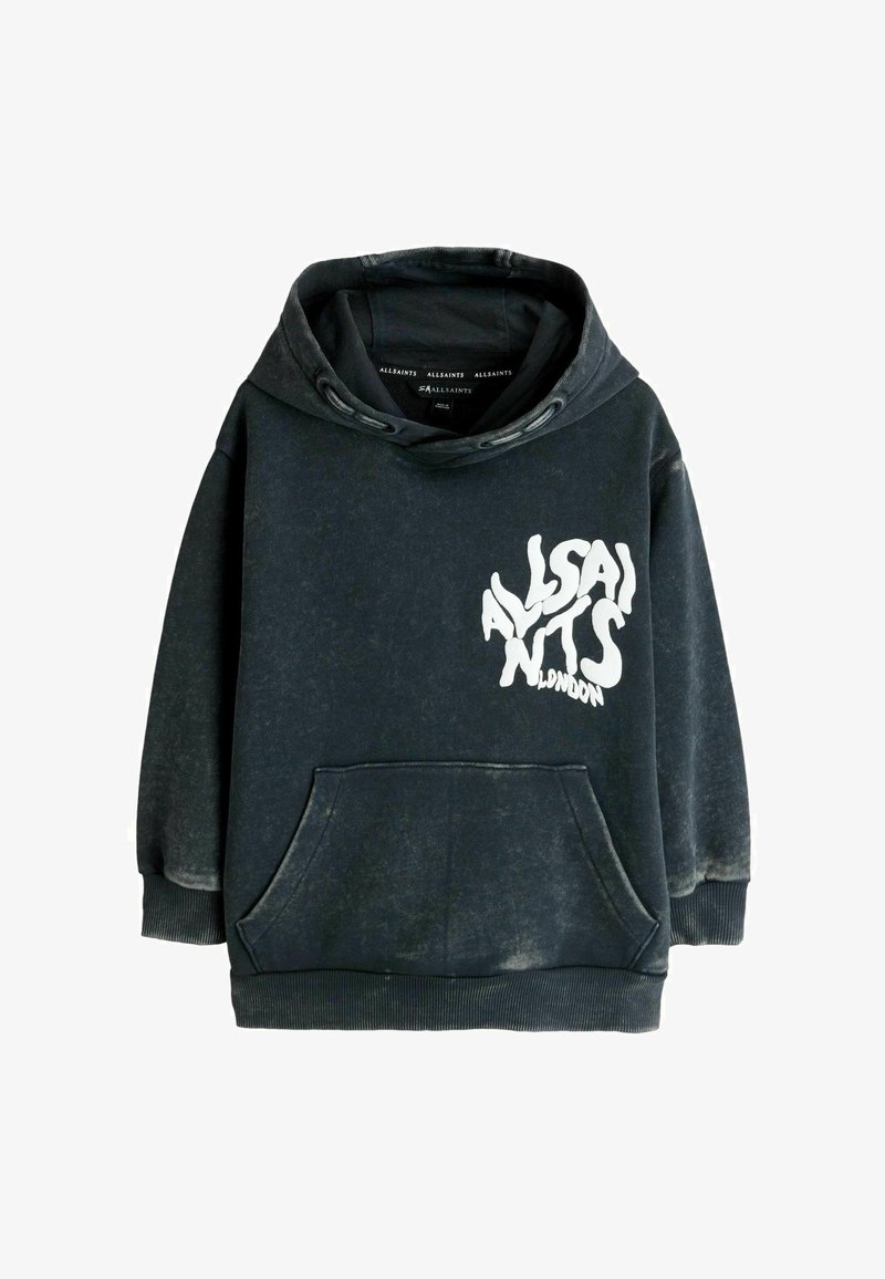 Sweat à capuche noir délavé avec poche avant et logo blanc déformé "ALLSAINTS LONDON" sur la poitrine, doté d'une capuche avec cordon de serrage et de poignets côtelés.