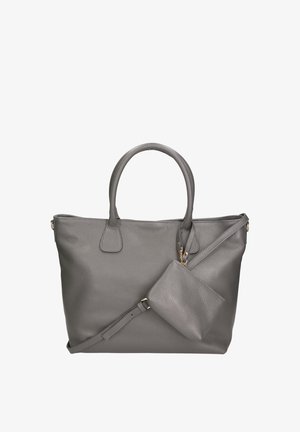 Grijze leren totebag met twee ronde handvatten, een afneembare schouderriem en een kleine bijpassende pouch die is bevestigd met hardware-accenten.