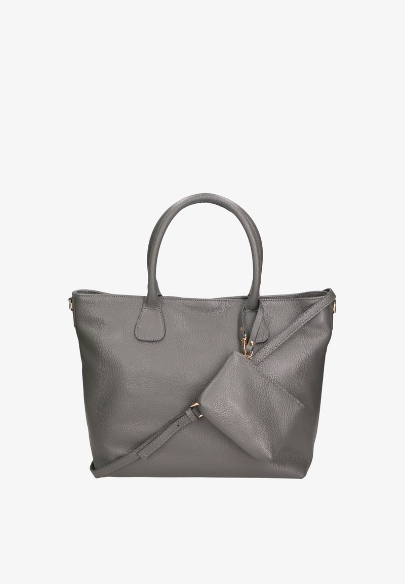 Sac fourre-tout en cuir gris avec deux poignées rondes, bandoulière détachable et un petit étui assorti fixé avec des accents en métal.