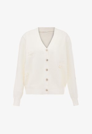 Fehér kötött kardigán V-nyakkal, hosszú ujjakkal, öt díszes gombbal és gyöngyökkel a fronton. A textúrált anyagon látható mintázatok találhatók.
