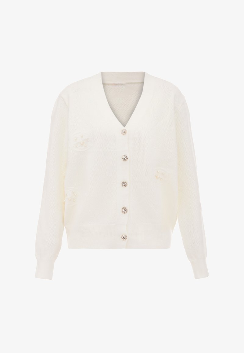 Vit stickad cardigan med V-krage, långa ärmar, fem dekorativa knappar och pärlpassningar på framsidan. Den texturerade tyget har synliga mönster.