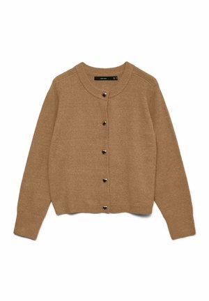 Beżowy kardigan z miękkiej tkaniny, z okrągłym dekoltem, długimi rękawami i złotymi guzikami w kształcie serc z przodu.