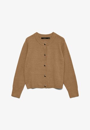 Heledakarva kardigan pehmest kangast, millel on ümmargune kaelus, pikad varrukad ja südamikujulised kuldsed nööbid ees.