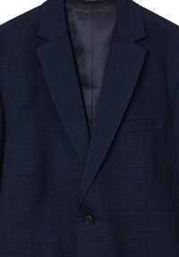 Blazer a quadri blu navy con fodera interna liscia, chiusura a singolo bottone, rever a picco e taschino sul petto. Tessuto testurizzato con motivo a scacchi.