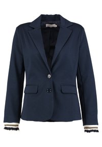 Granatowa marynarka wykonana z gładkiego materiału, z klapami, dwoma przednimi kieszeniami i paskami na mankietach z prążkowanymi brzegami.