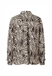 Zwart-wit gestreepte shirt met een kraag, lange mouwen en knoopmanchetten. Glad stof met vloeiende, gebogen patronen.