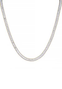 Clear crystal necklace with a gold-toned metal chain, featuring rectangular and round-cut stones arranged in a continuous line.