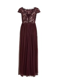 Robe longue bordeaux foncé avec manches courtes en dentelle transparente, corsage en dentelle florale et jupe plissée fluide.