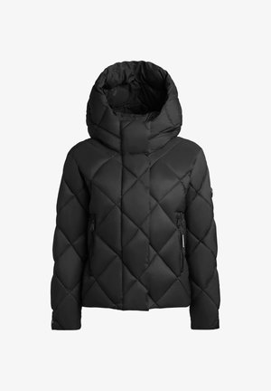 Černá péřová bunda s vysokým límcem, kostkovaným vzorem, zapínacími postranními kapsami a hladkou matnou texturou.