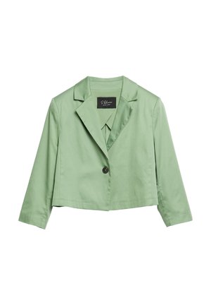 Hellgrüner Cropped-Blazer mit langen Ärmeln, einem schwarzen Knopfverschluss und einem Reverskragen mit Ausschnitt.