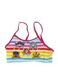 Top de bikini a rayas de arcoíris con un ribete rosa. Presenta gráficos de un perro de dibujos animados en varios colores. Hecho de un tejido suave y elástico.