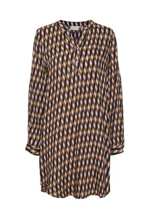 Robe tunique à manches longues avec un motif de rayures diagonales géométriques en marron, noir et rose clair, dotée d'un col en V et d'un plastron boutonné.