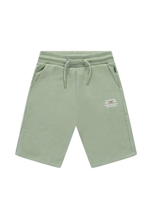 Lichtgroene short met trekkoord, zijzakken en witte tekst in sportstijl bedrukt op het rechterbeen.