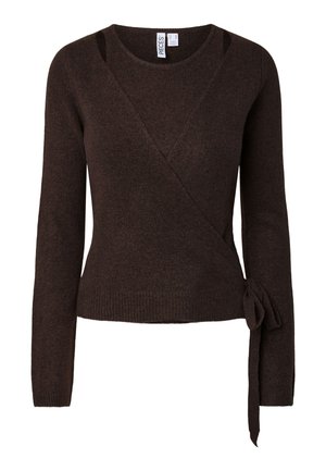 Mørkebrun langermet strikket omslaggenser med bindebånd i siden og rund hals.