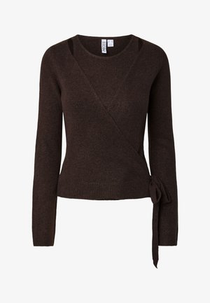 Mørkebrun langermet strikket omslaggenser med bindebånd i siden og rund hals.