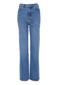 Jean en denim bleu taille haute avec jambes droites, fermeture à boutons à l'avant, et poches visibles à l'avant et à l'arrière.
