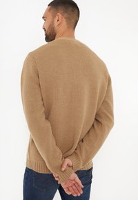 Brauner gestrickter Pullover mit gerippten Bündchen und Saum, der einen klassischen Rundhalsausschnitt aufweist. Getragen mit dunkelblauen Jeans, von hinten gesehen.