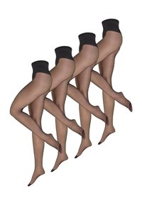 Nudet farvede strømpebukser med sort taljebånd, der viser en glat, gennemsigtig tekstur og forstærkede tæer, vist i en overlappende opstilling.
