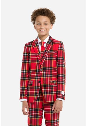 Red plaid suit with black and yellow accents, featuring a notched lapel, two front pockets, and a single button closure; includes matching tie.