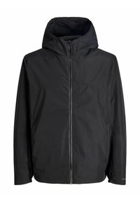 Veste noire légère à capuche avec une fermeture éclair intégrale sur le devant, une texture lisse et un design simple. Dotée de poignets ajustables et d'un branding minimaliste.